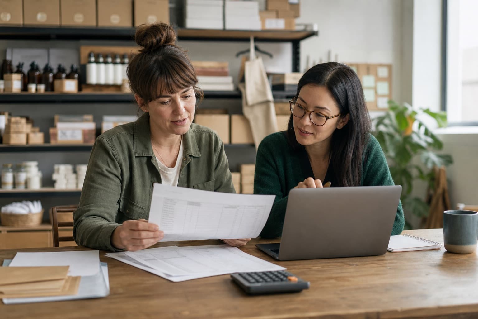 A business owner reviewing a journal export with a bookkeeper