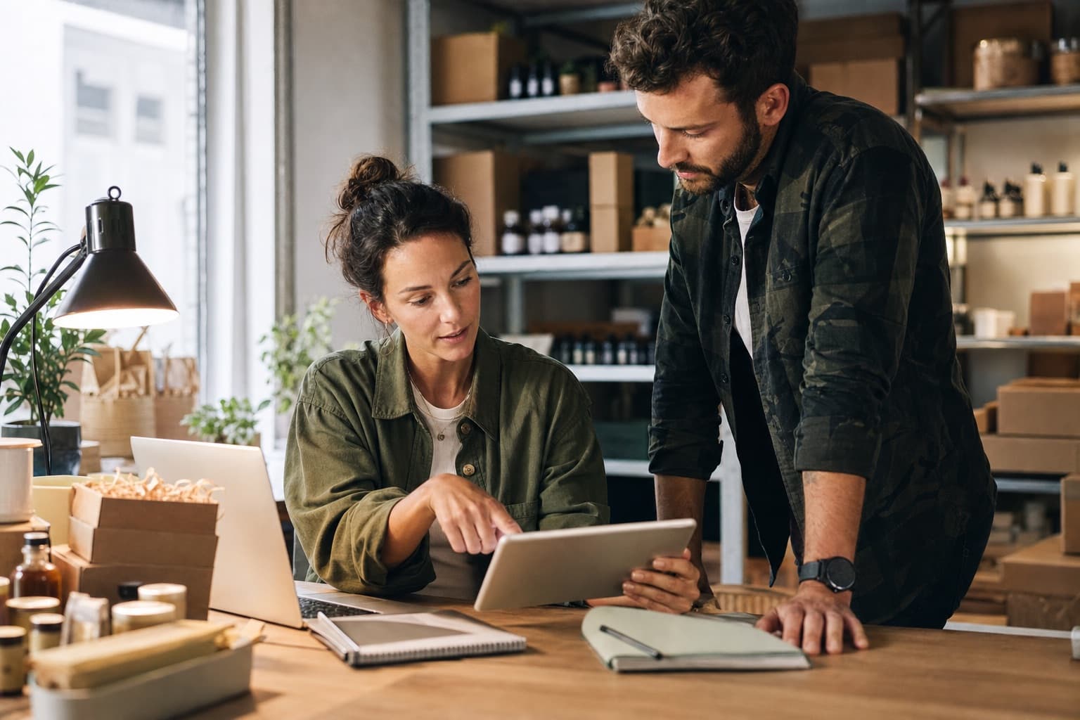 Small-business operators reviewing margin information together