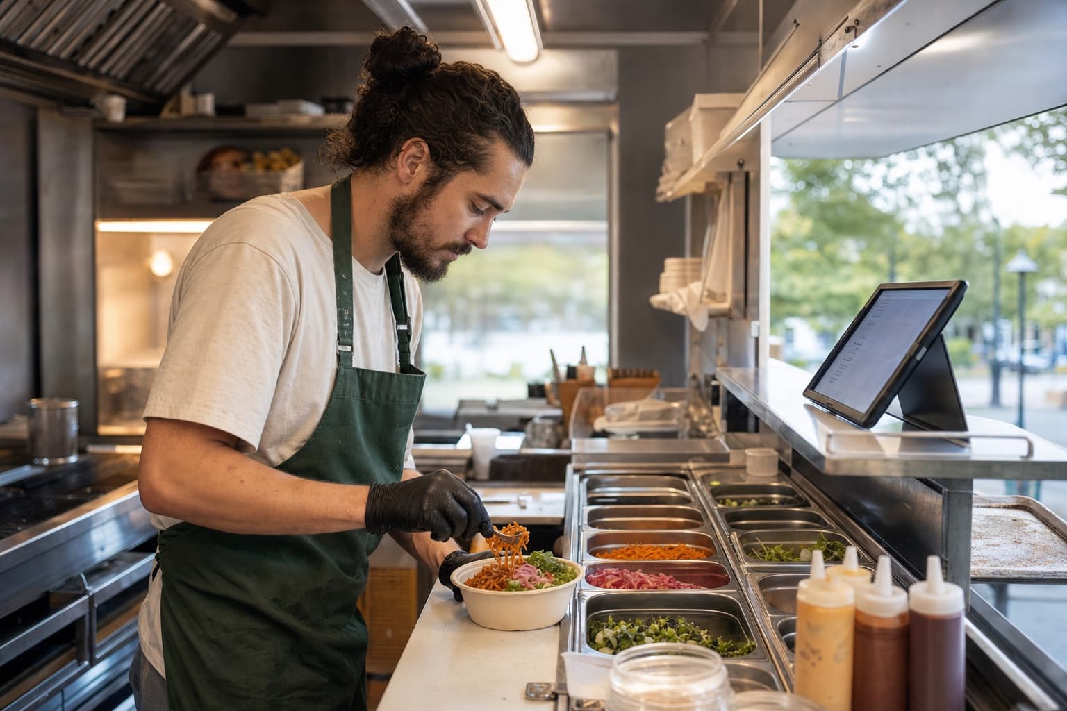 A food-truck owner assembling a menu item from tracked ingredients