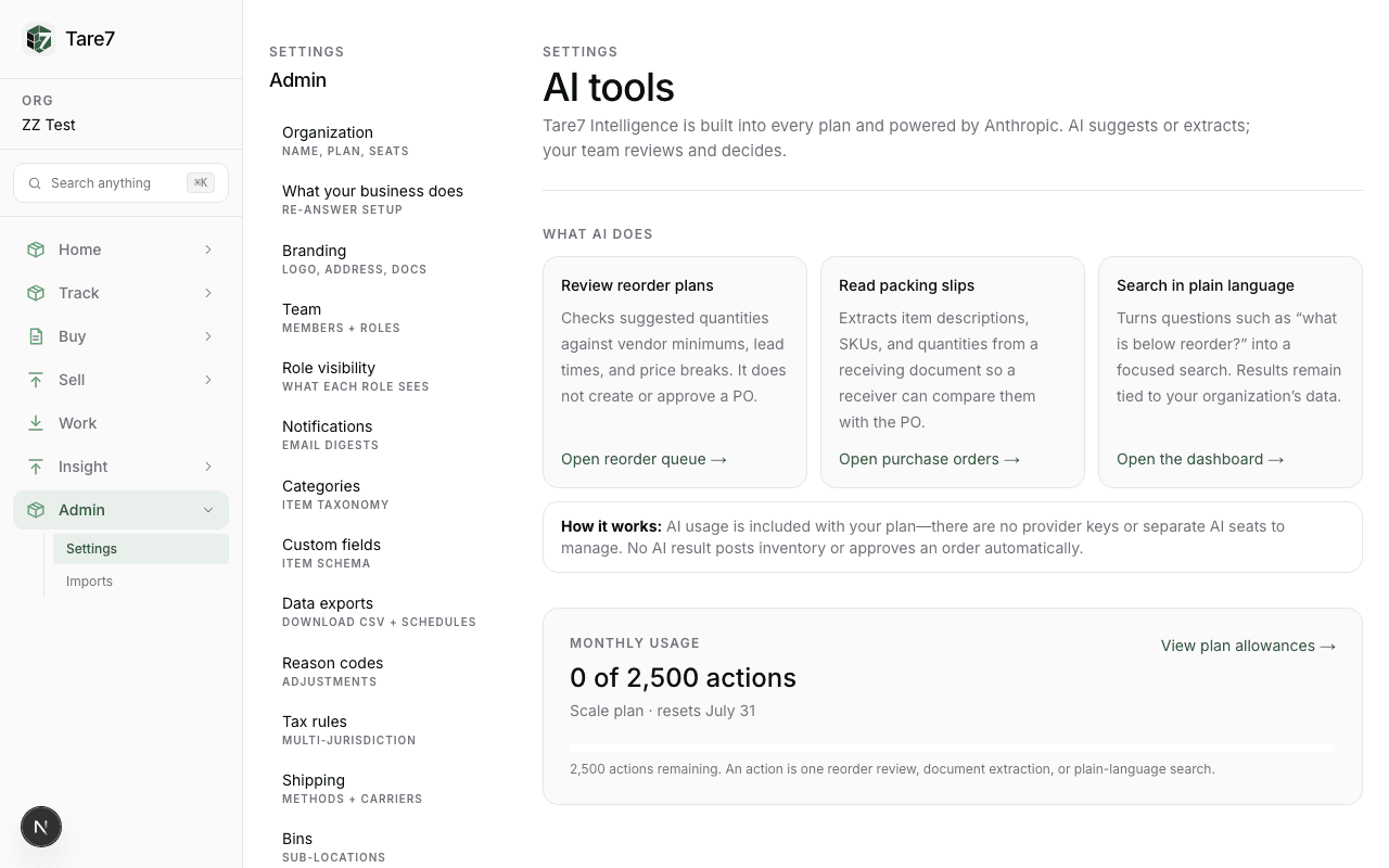 The real Tare7 AI tools screen